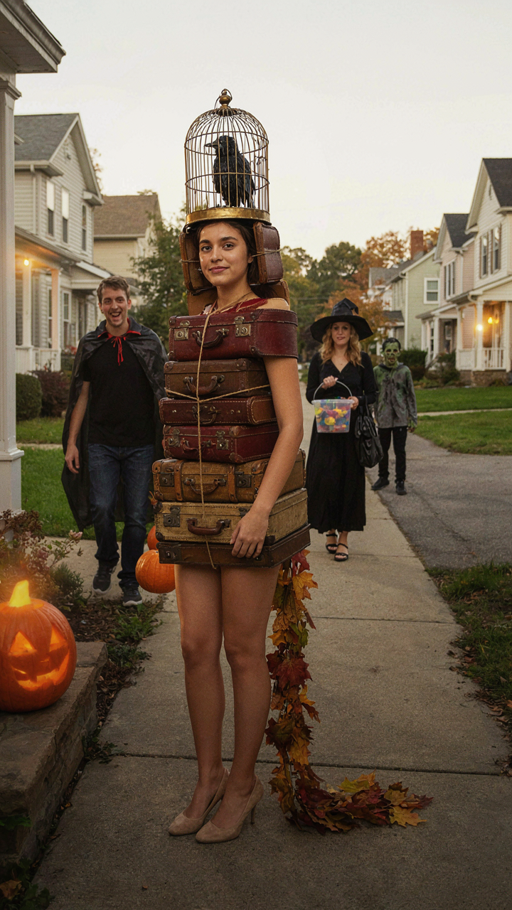 A person in a unique Halloween costume stands out in a suburban neighborhood.