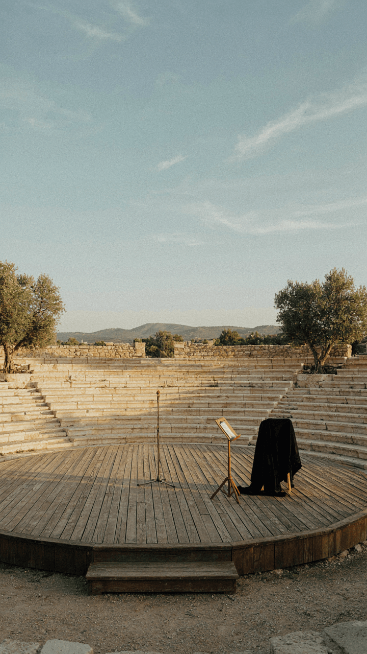 An empty outdoor stage in an amphitheater, ready for a show.