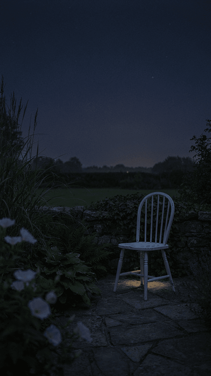A single white chair sits in a quiet corner of a moon garden.