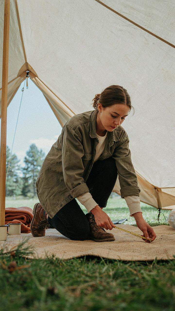 A person measures a tent floor with a tape measure.