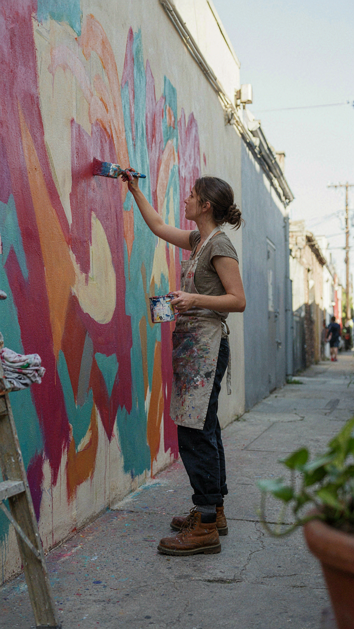 A person confidently paints a vibrant, abstract mural on a wall.