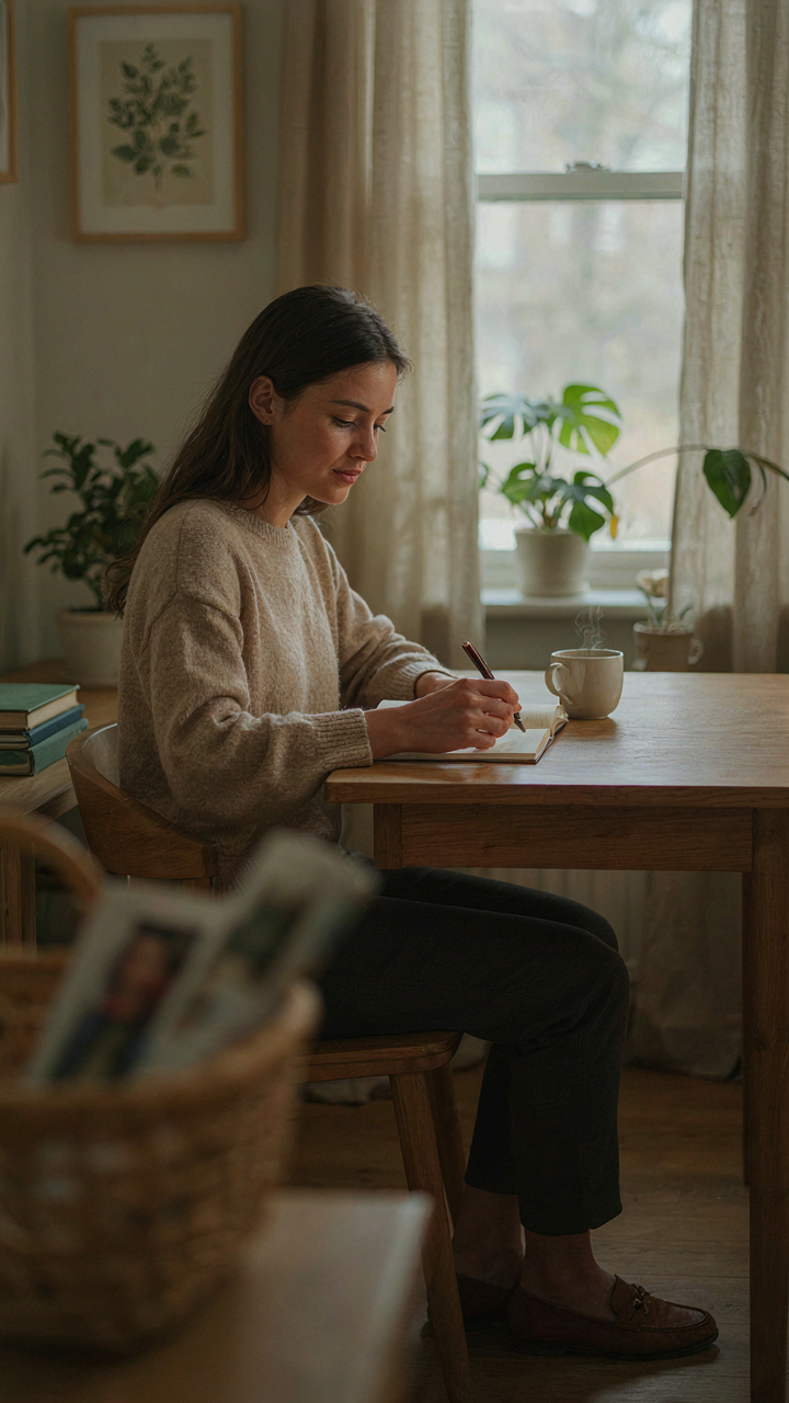 A person sitting at a desk, looking at a blank journal and a pen.