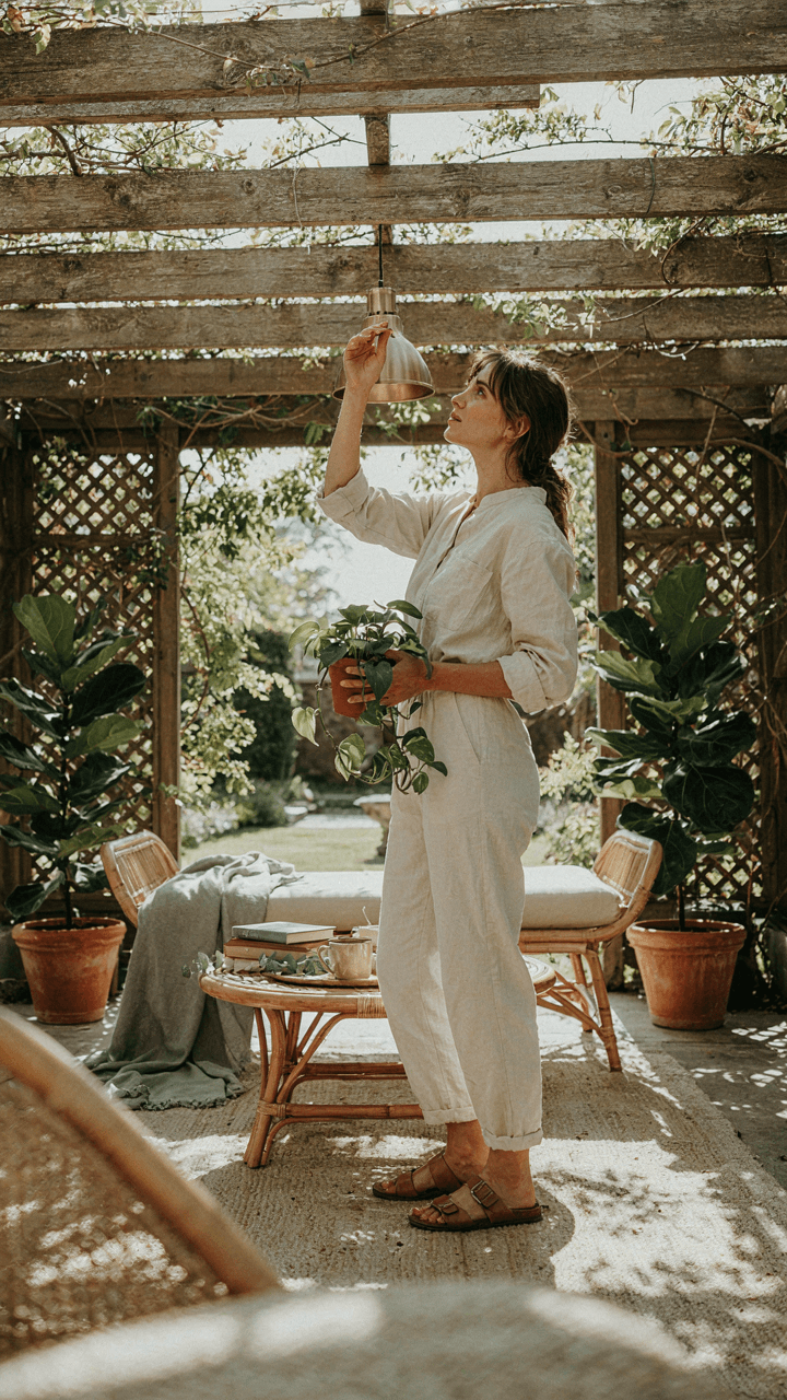 A person adjusts lighting, shade, and plants in a pergola seating area.