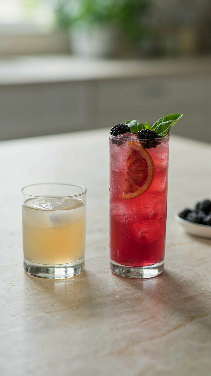 One dull, clear drink sits next to a vibrant berry basil mocktail.