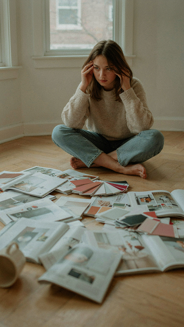 A person looks at many design magazines and paint swatches.