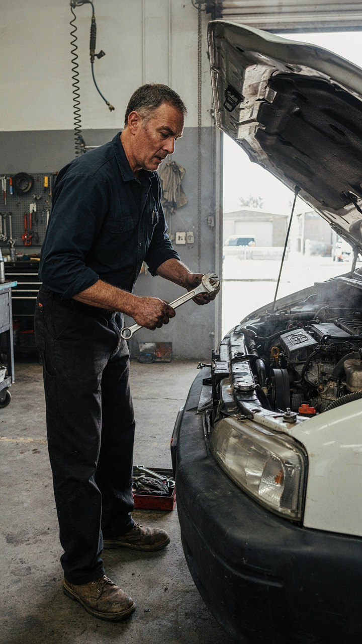 A person holds a heavy wrench, looking perplexed at a box truck engine.