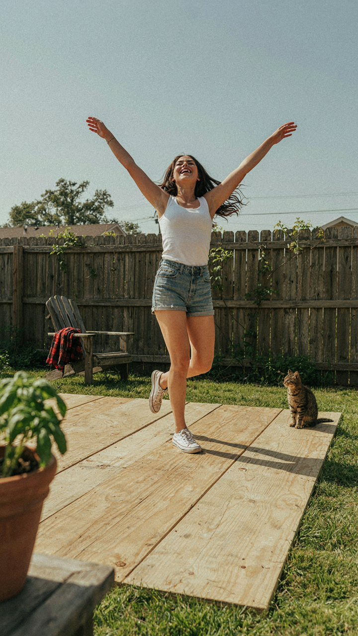 A person joyfully dances on a simple diy backyard dance floor.
