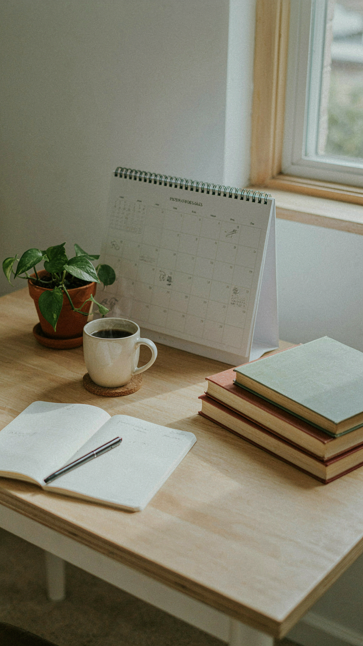 A clear, organized desk with a calendar showing open slots.