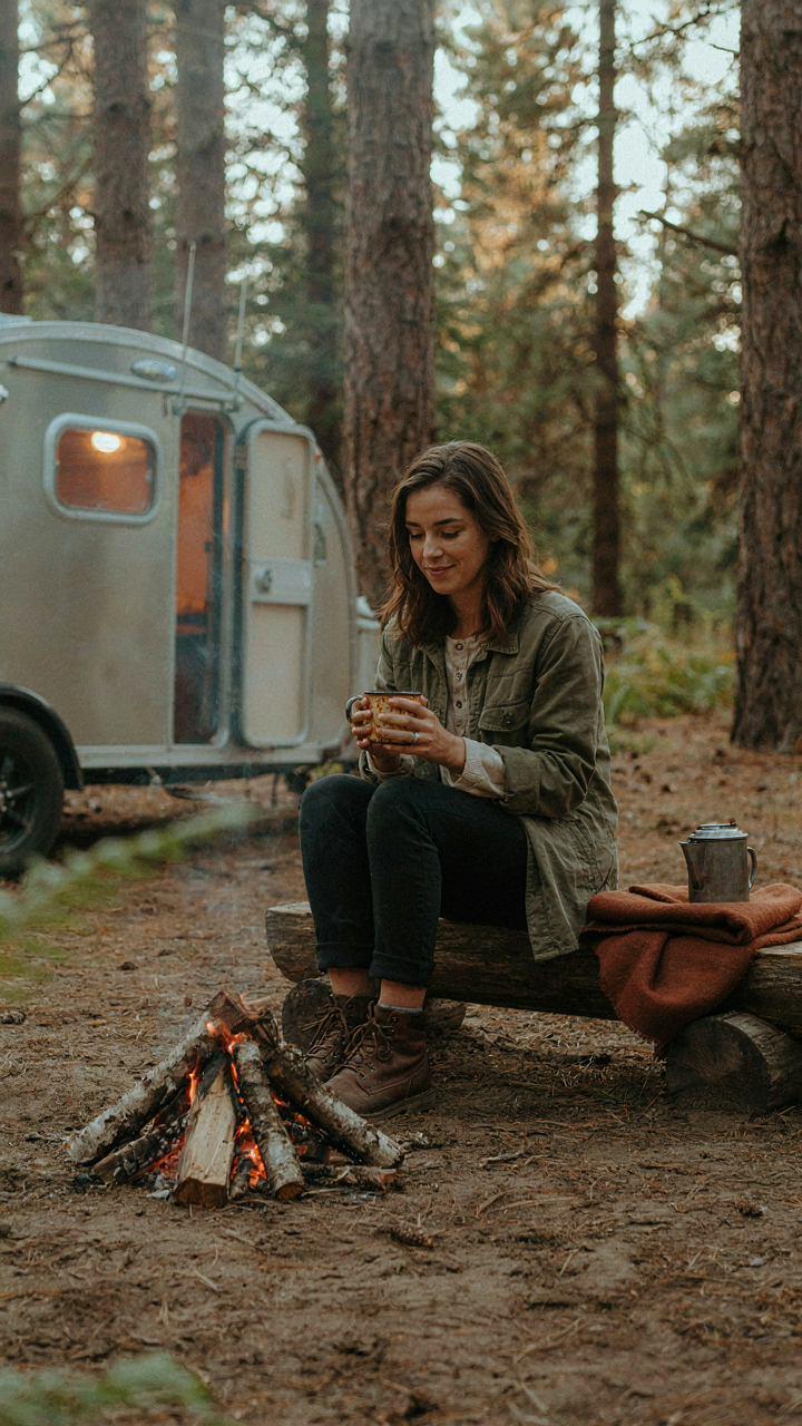 A person sits by a campfire with a simple lightweight camper behind them.