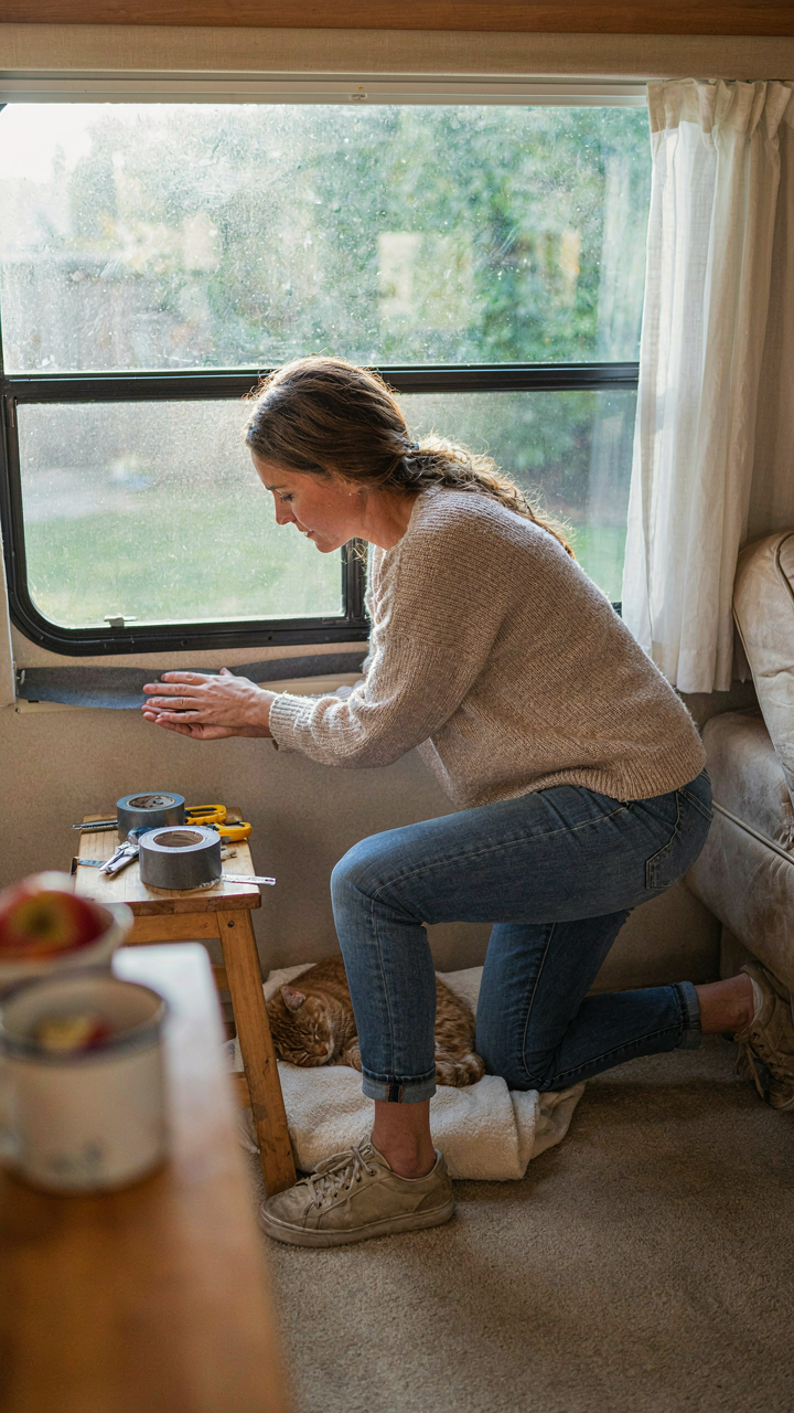 A person applies weatherstripping to a drafty RV window to block drafts.