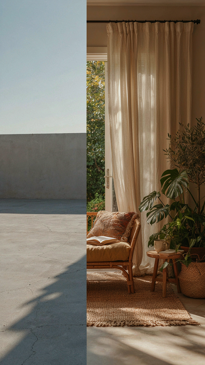 A bland patio in harsh sun contrasts with a nice curtained patio nearby.
