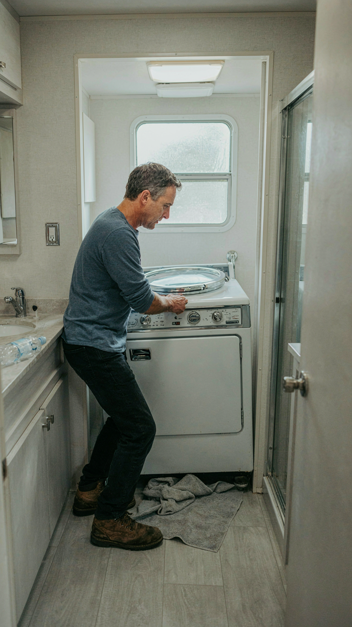 A person tries to fit a large washing machine into a tiny RV bathroom.