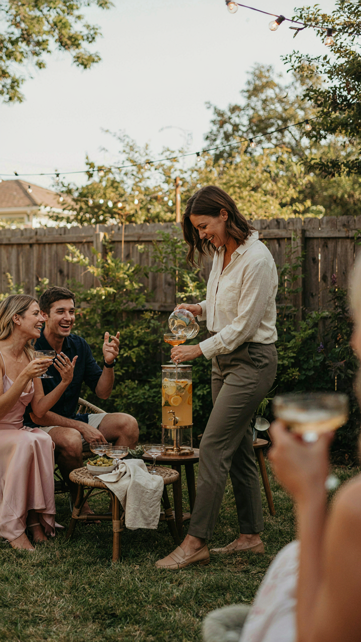 A host happily pours drinks from a unique beverage dispenser for guests.