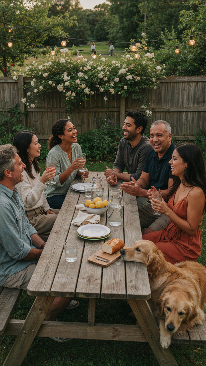 Diverse adults genuinely connect at an outdoor gathering with non-alcoholic drinks.