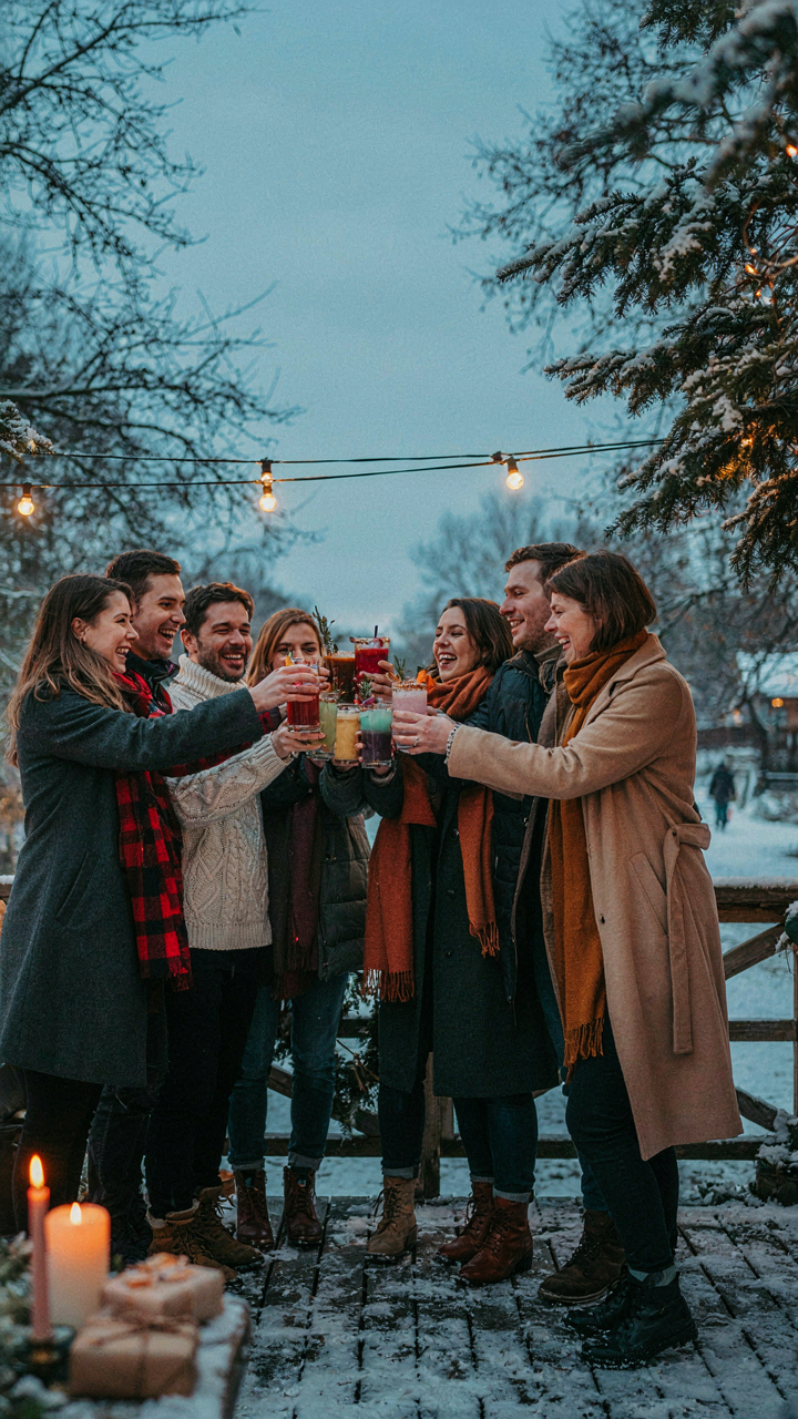 Friends laugh and toast with holiday mocktail recipes in an outdoor winter setting.