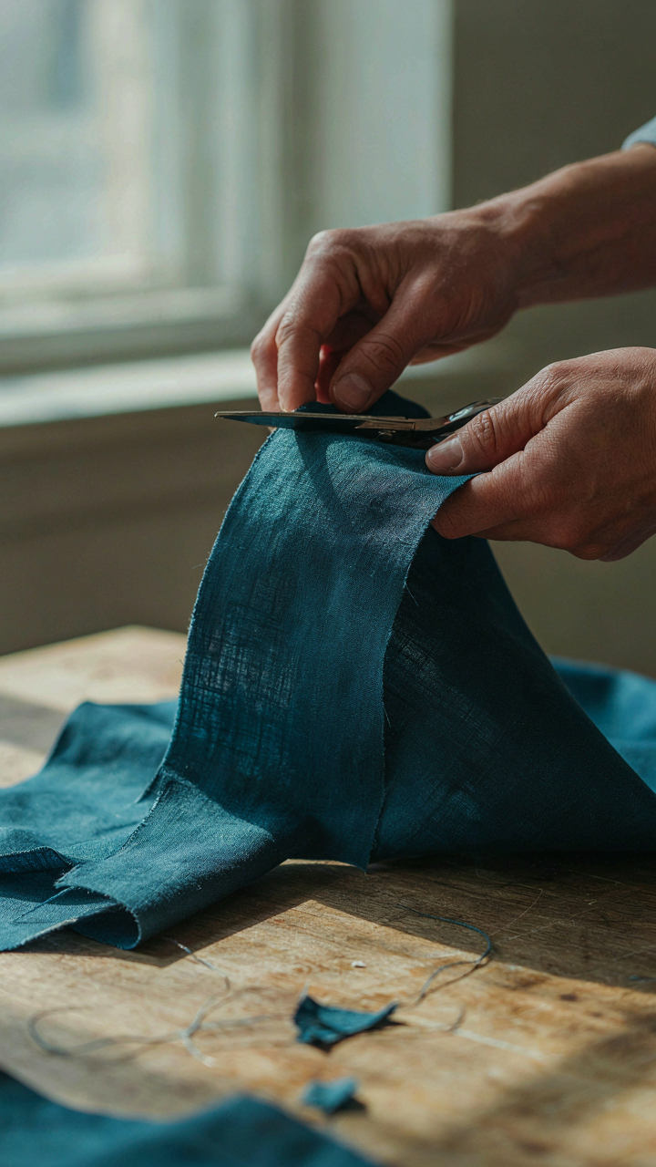 Hands hold fabric with messy cuts, then make a clean, straight cut.