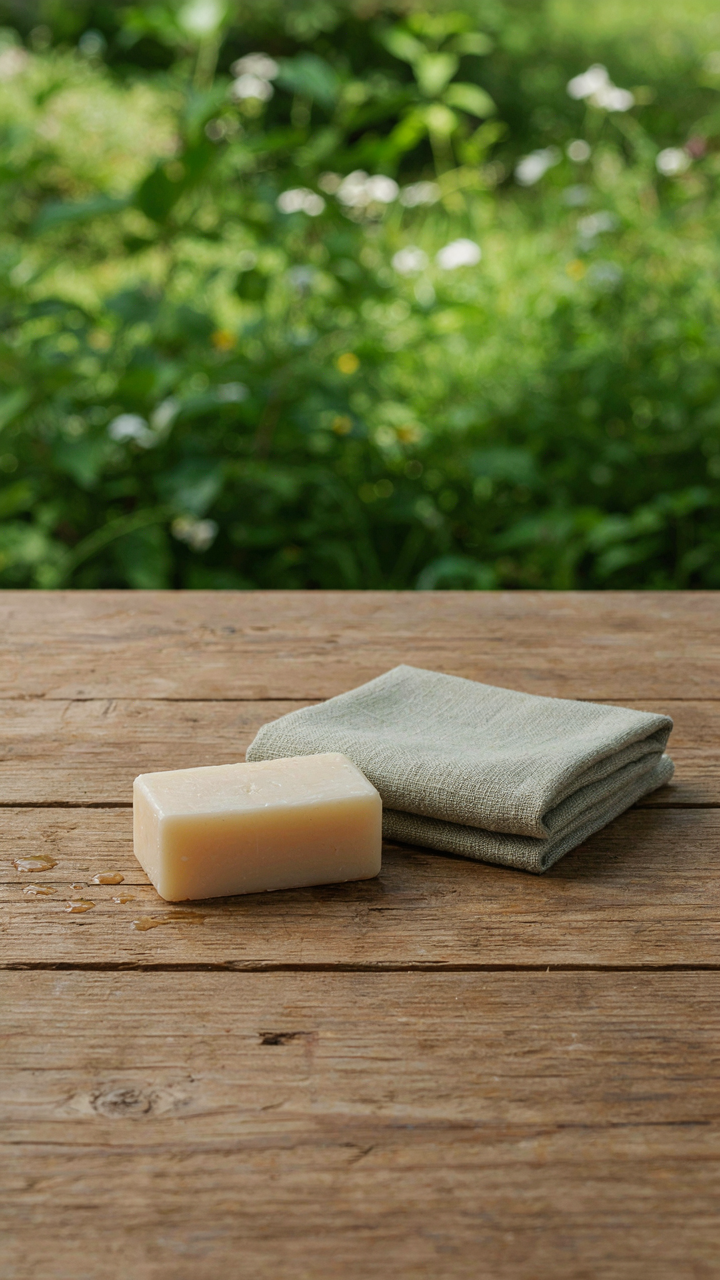 A single, simple bar of soap and a small towel on a clean wooden surface.