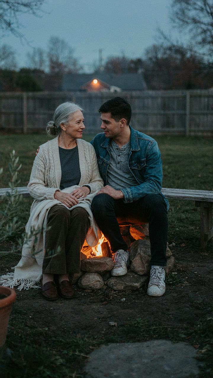Two people share a blanket and smile by a fire pit.