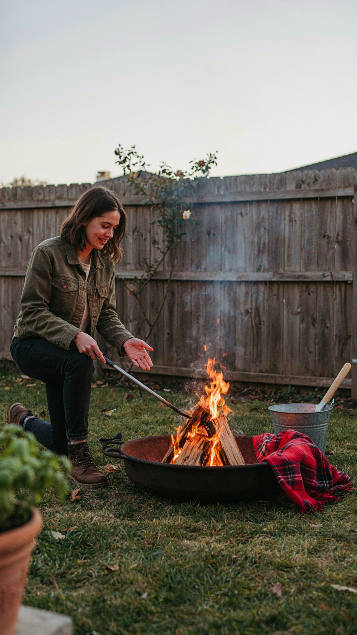 A person confidently tends a small, controlled backyard bonfire with safety in mind.