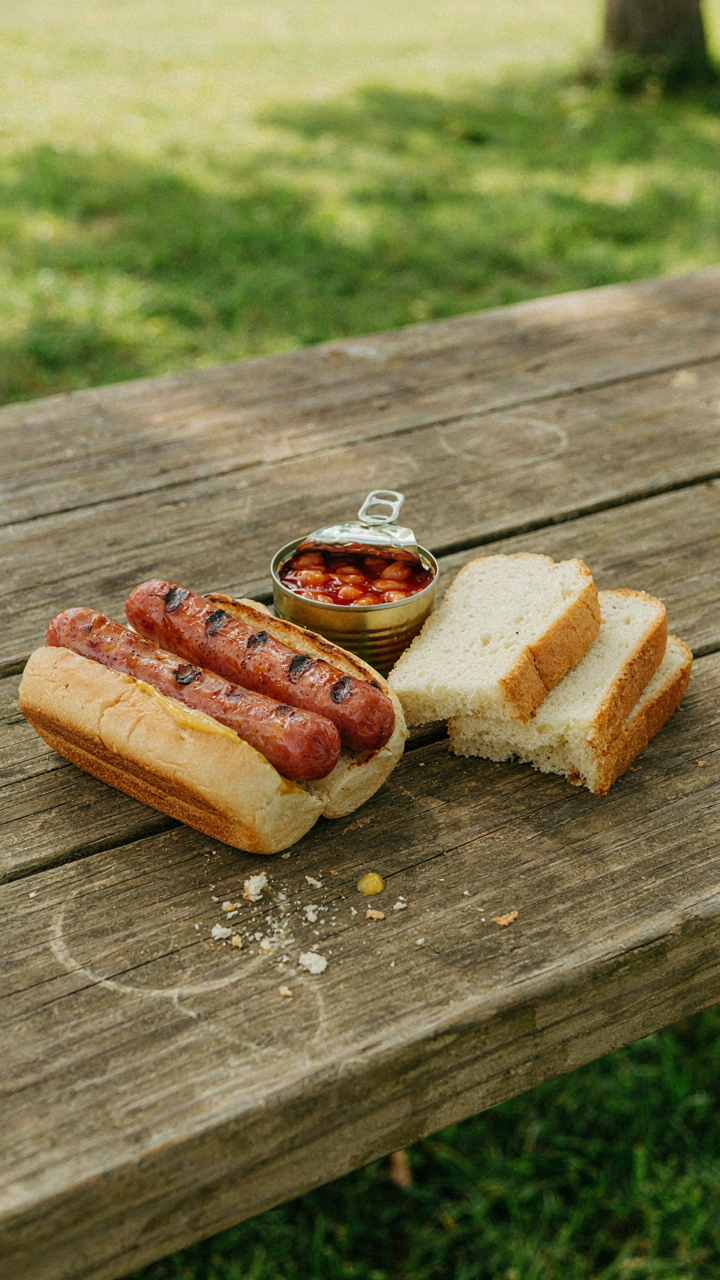 A simple backyard campout meal of hot dogs, baked beans, and bread on a picnic table.