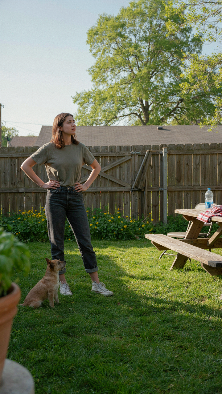 A person looks thoughtfully at a backyard, considering a backyard campout setup.
