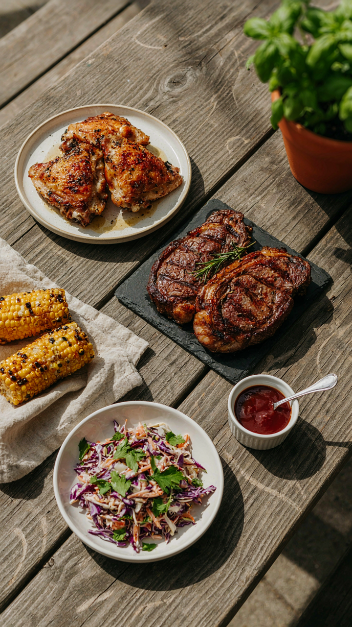 A simple yet delicious backyard BBQ menu with three grilled items, two sides, and one sauce.