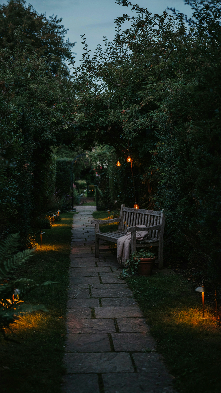 A serene evening garden, mostly dark with subtle lights on a path.
