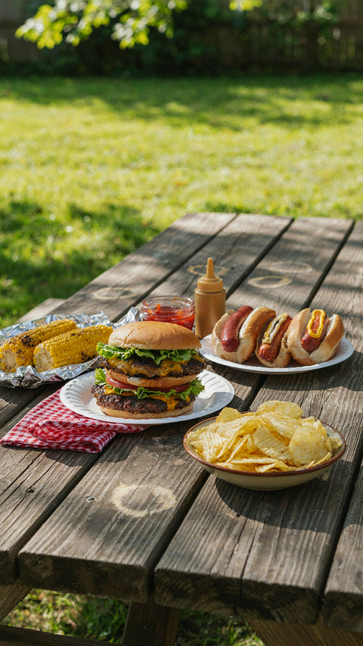 A simple summer cookout menu of burgers, hot dogs, corn, and chips.