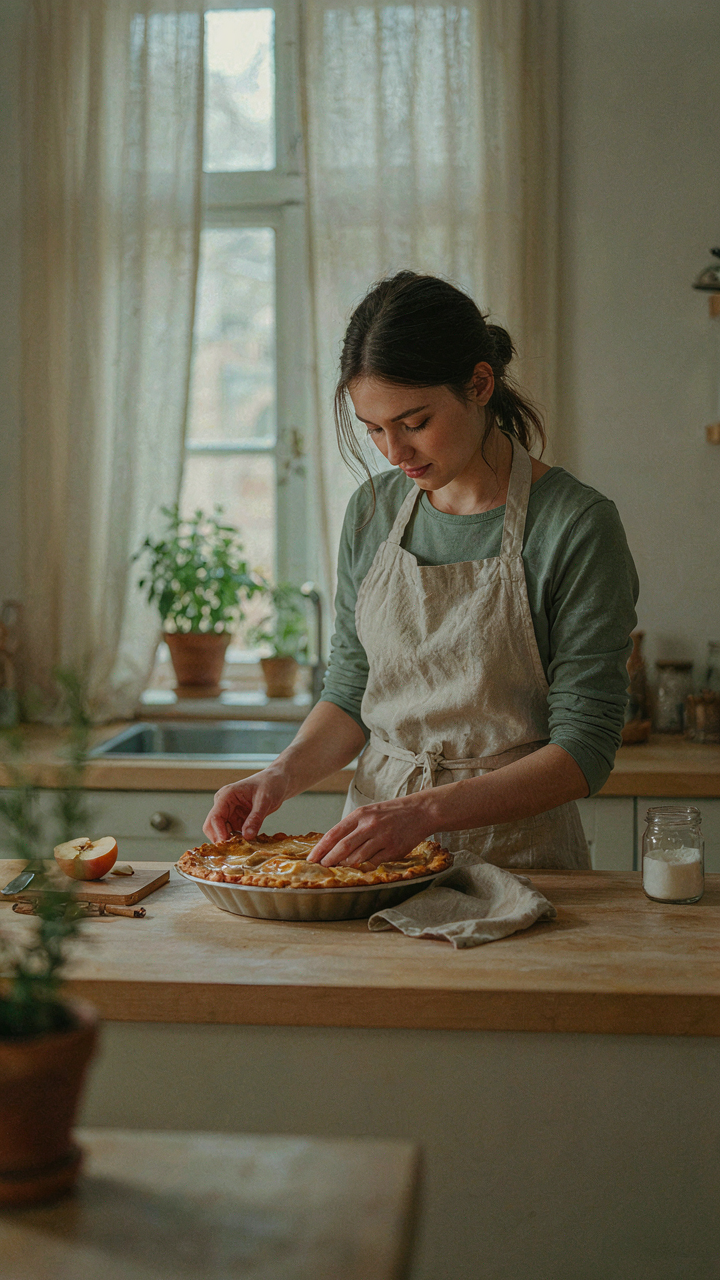 A person calmly bakes a pie in a simple kitchen.