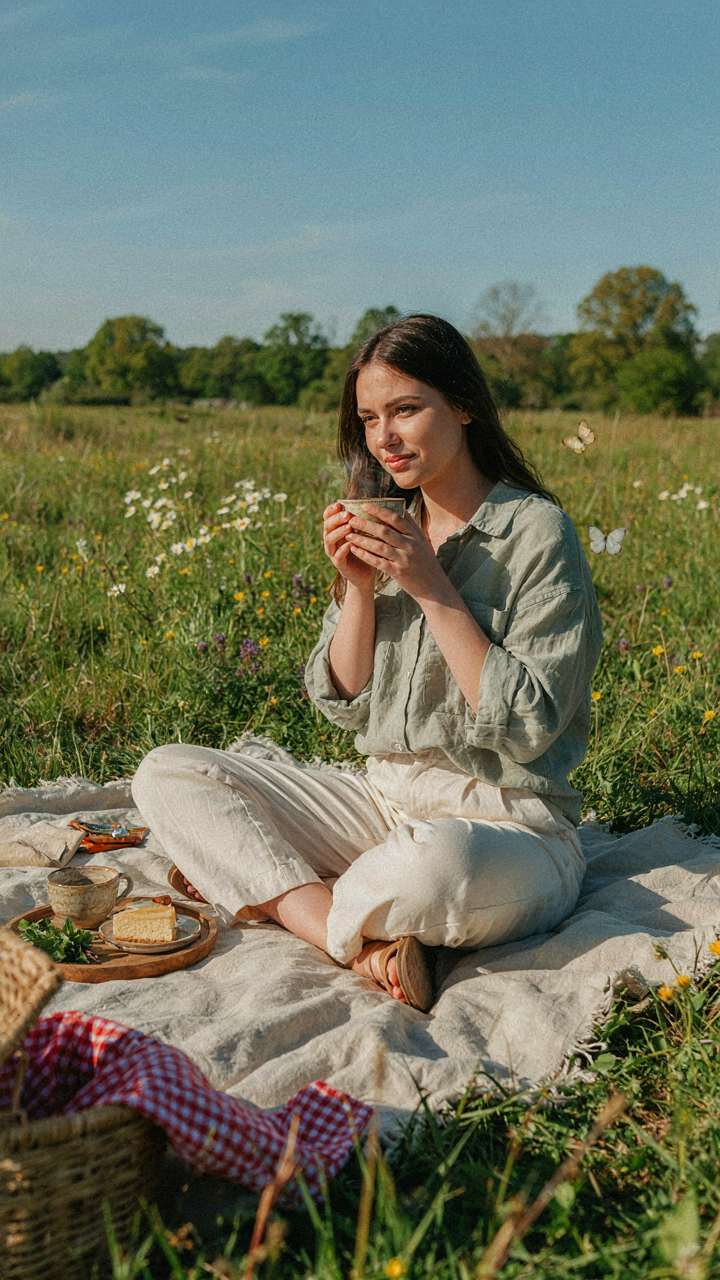 A person calmly sits on a blanket, enjoying nature at a picnic birthday party.