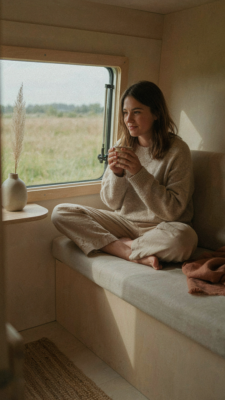 A person sitting calmly in a minimalist, clean, and uncluttered van interior.