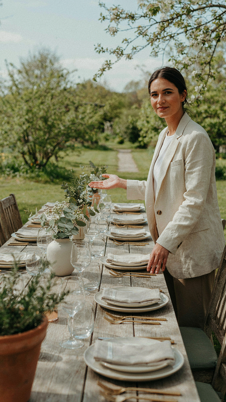 A host invites guests to comfortable outdoor long table seating.