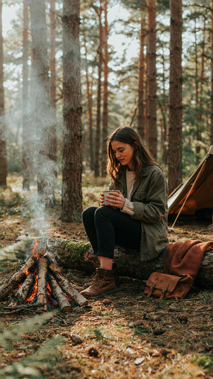A person sits happily by a campfire in a simple camp setting.