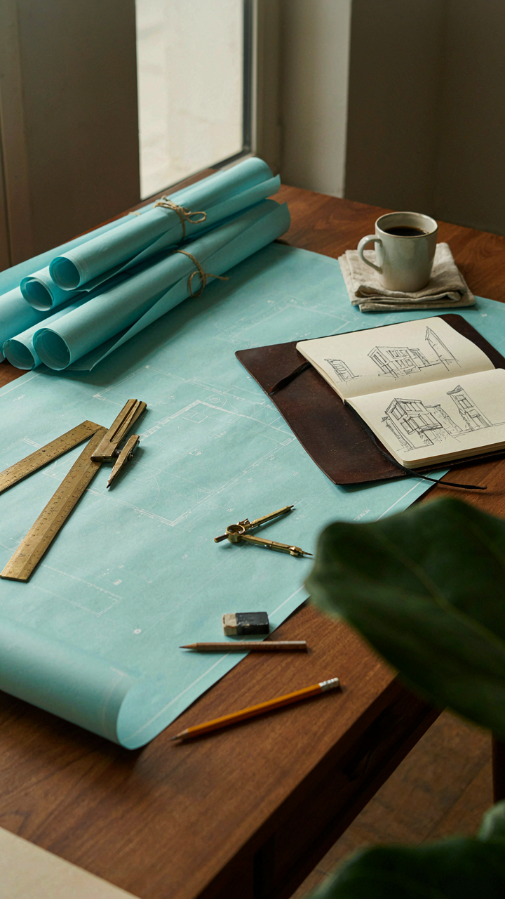 An architect's desk with blueprints, a ruler, and a compass.