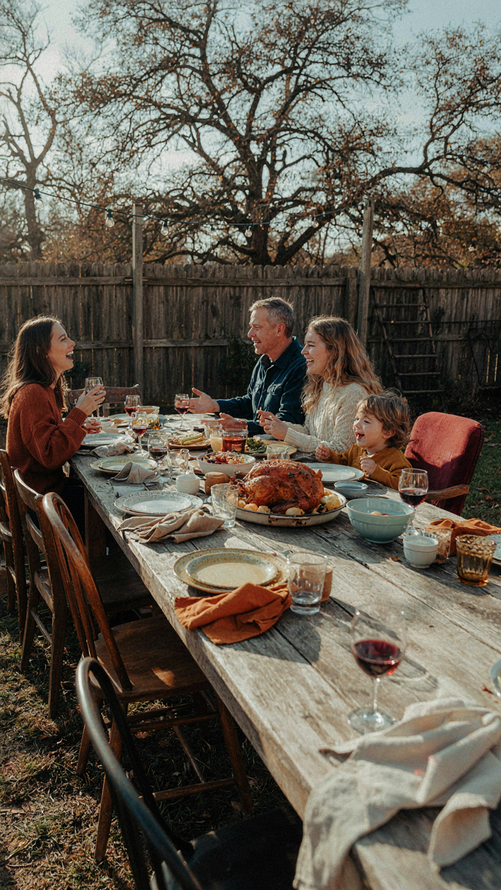 A joyful, slightly messy outdoor Thanksgiving dinner table with laughing guests.