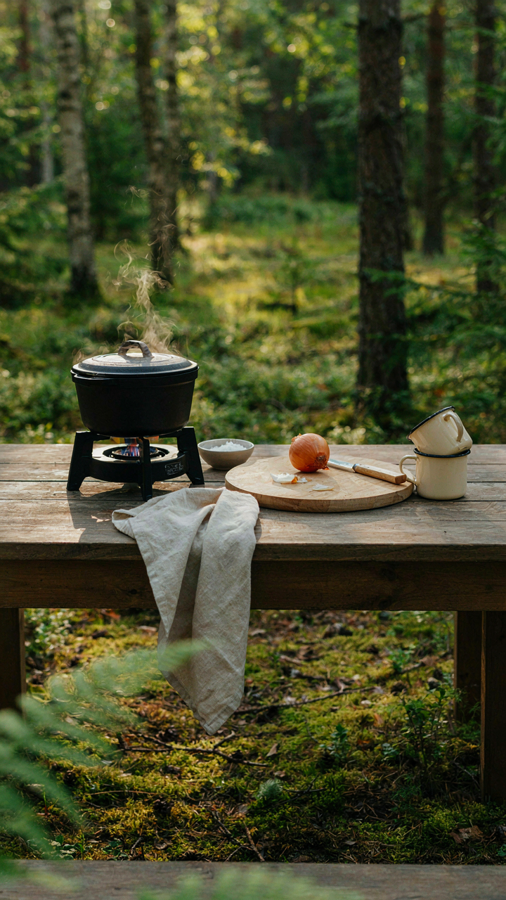 A simple, elegant campsite cooking station is functional and serene in a forest.
