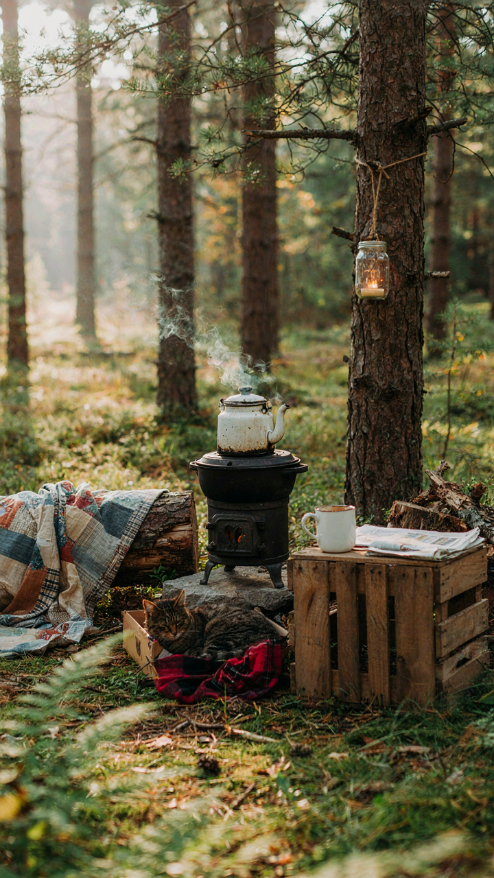 A personalized camping setup uses everyday items in stylish ways.
