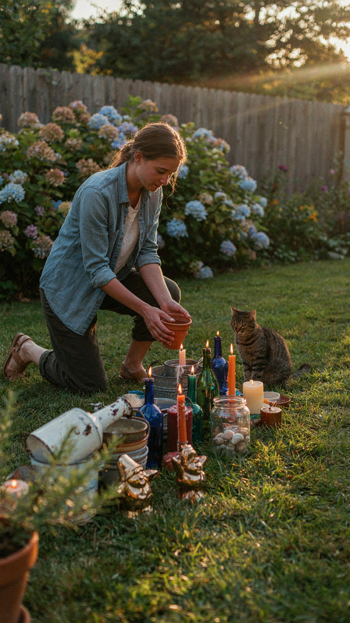 A person uses everyday objects for creative backyard party lighting.