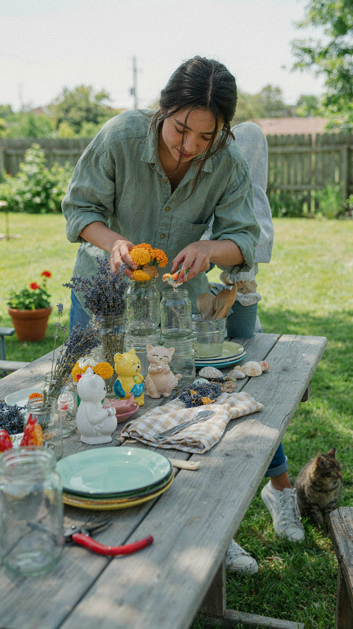 Someone arranges dollar store items like jars and figurines to create a charming outdoor tablescape.