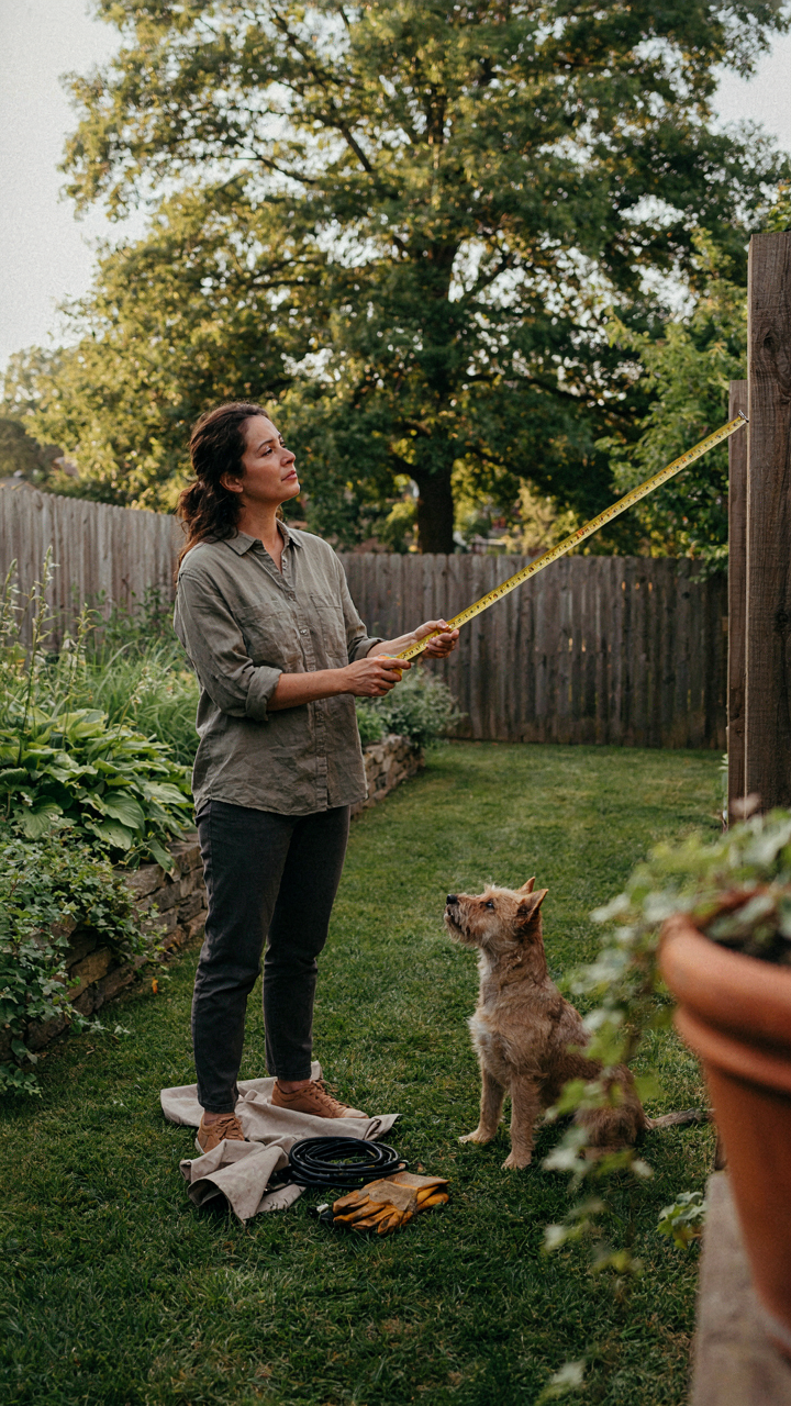 A person uses a measuring tape in a lush backyard, planning a project.