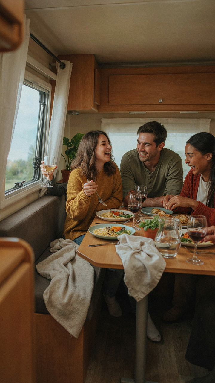 People laughing and eating together in a cheerful RV, embodying home beyond looks.