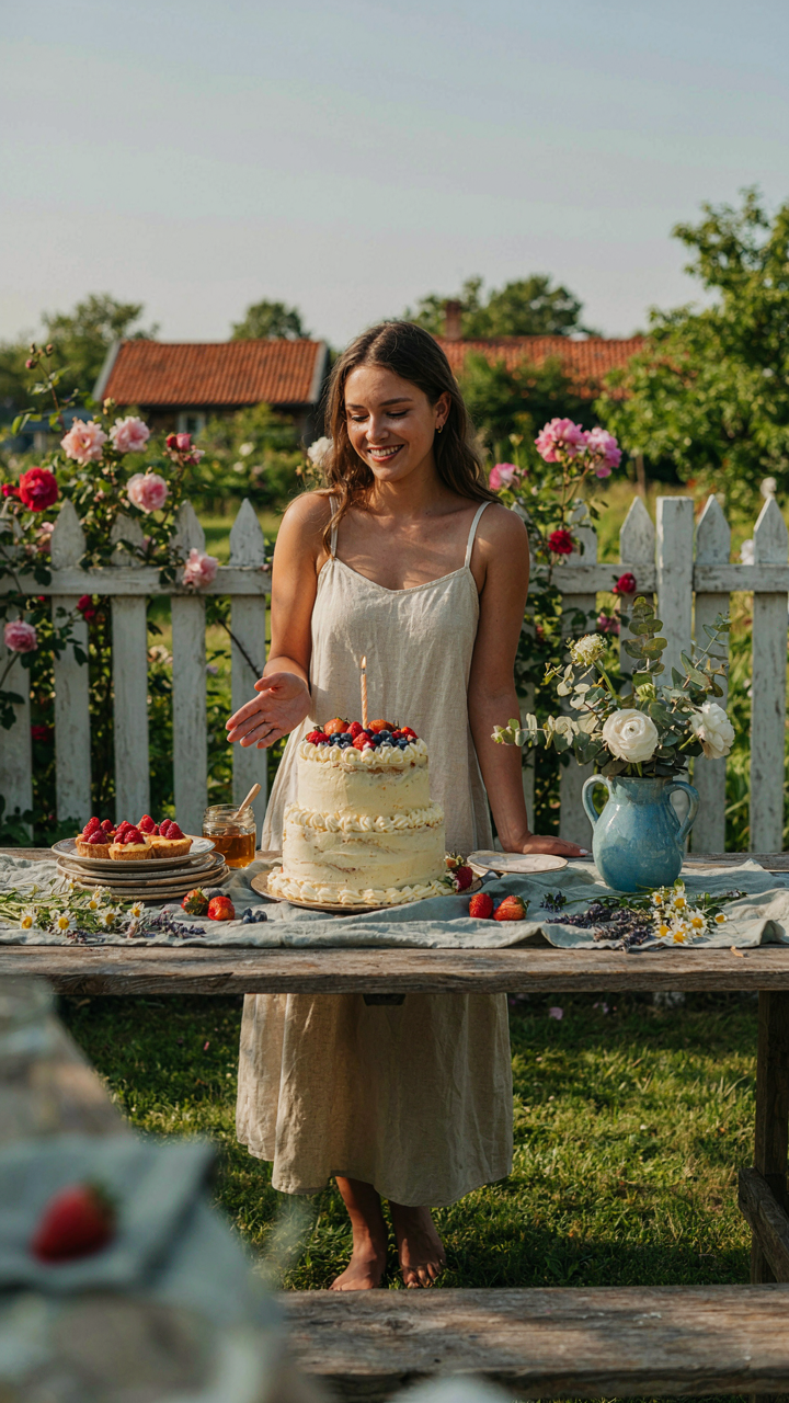 A confident person proudly presents a simple, charming homemade dessert table.