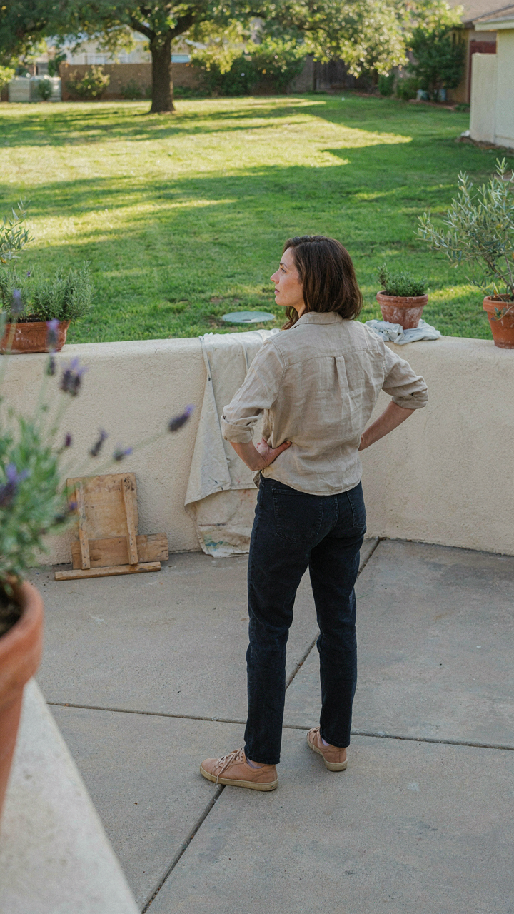 A person thoughtfully looking at a sparsely furnished small corner patio.