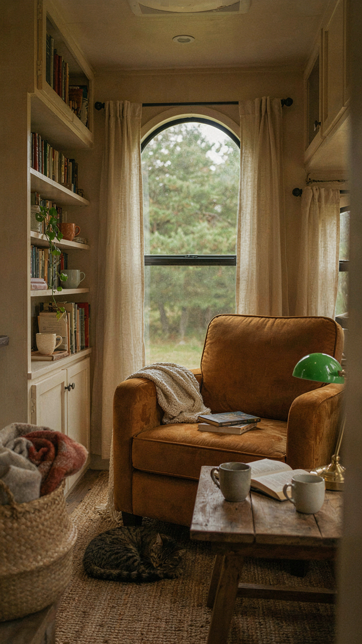 An RV interior shows a creative transformation, with a reading nook where a dinette was.