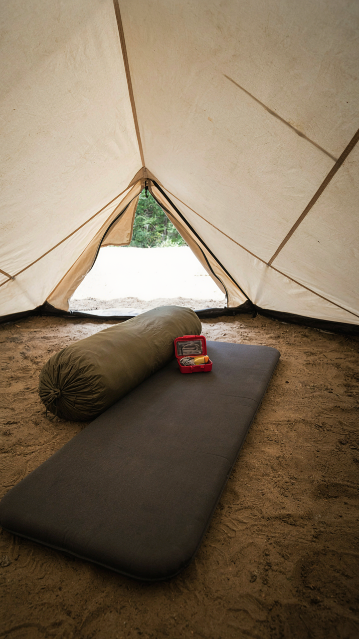A minimalist canvas tent interior with a sleeping pad, bag, and emergency kit.