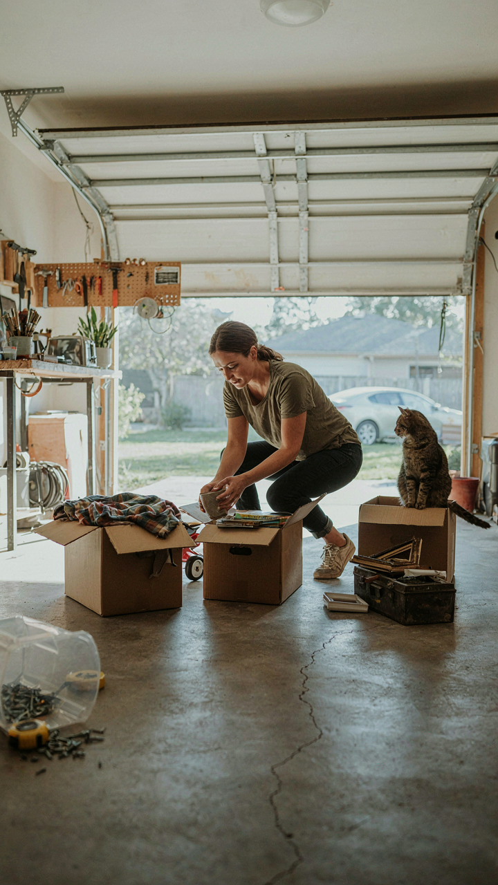 A person sorts items in a messy garage, decluttering the space.