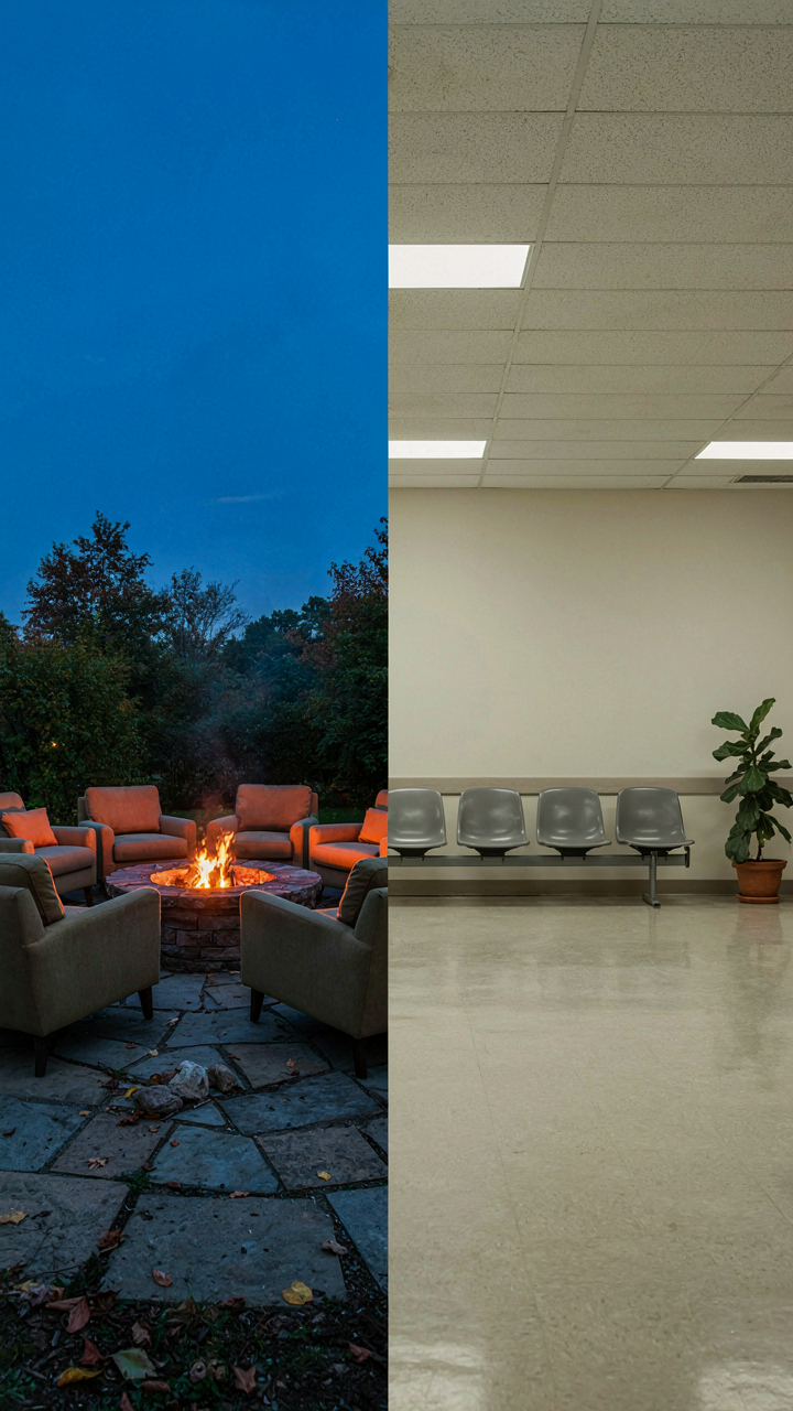 A cozy circle of chairs around a fire pit contrasts with a rigid waiting room.