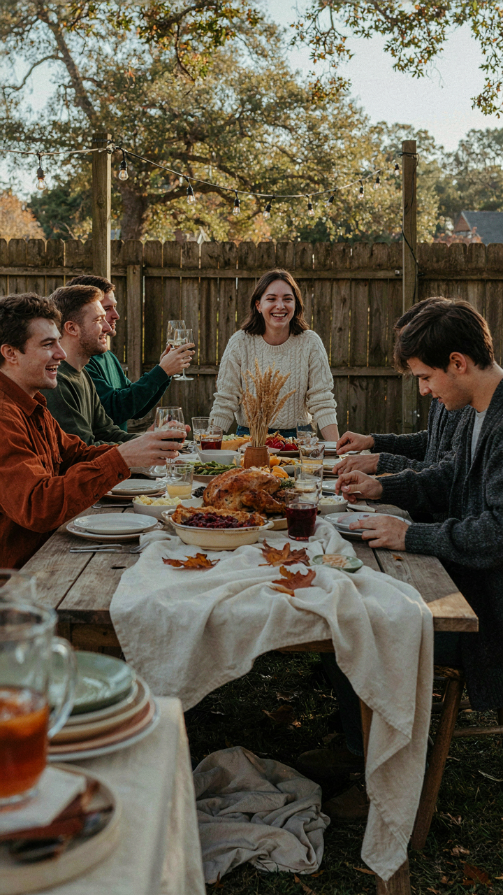A person smiles genuinely at friends at a slightly imperfect outdoor friendsgiving table.