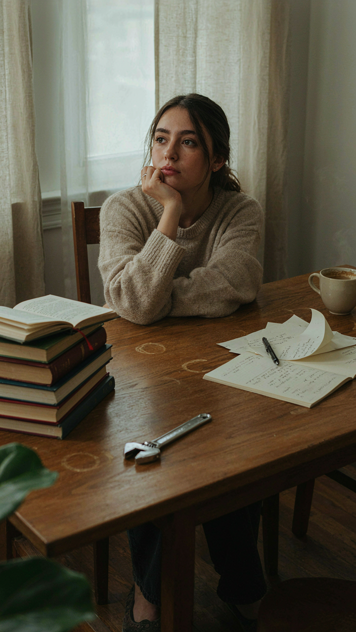 A person sits at a desk, surrounded by books, with an unused wrench.