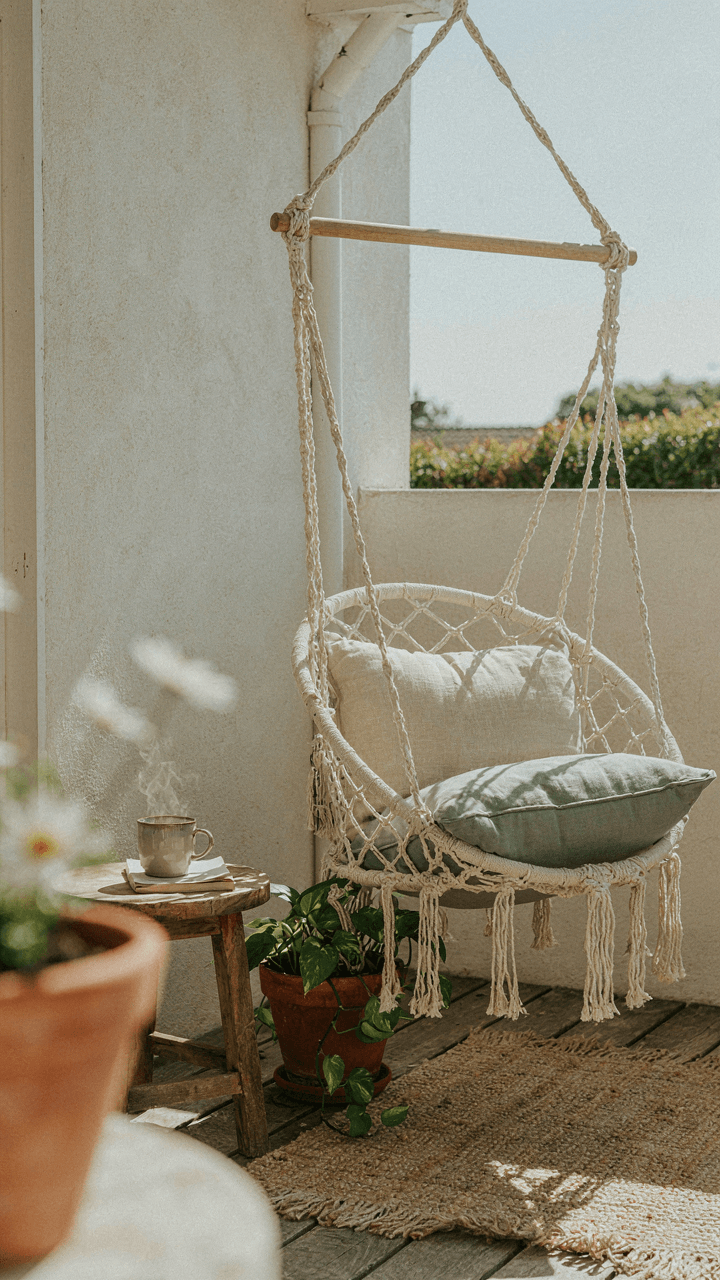 A perfectly arranged patio corner with a comfortable hanging chair and tea.